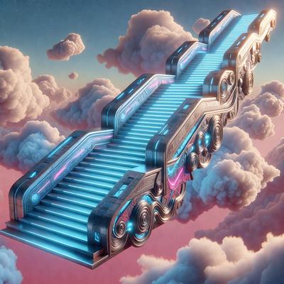 The primary subject of the image is a futuristic, multi-level staircase with blue lights. The staircase is floating in a pink and blue sky, giving it a surreal and dreamy appearance. The setting is a cloudy sky, which adds to the overall atmosphere of the image. The visual style is a combination of digital art and illustration, creating a unique and captivating scene.